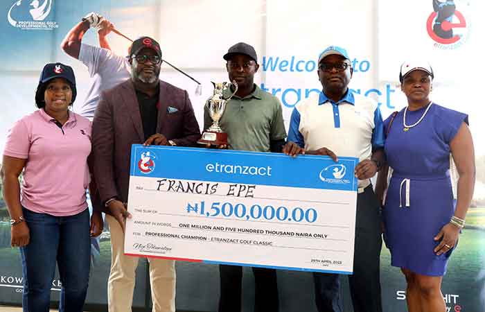 L-R: Group Head, Financial Services, eTranzact International PLC, Bimbo Reis; MD/CEO, Niyi Toluwalope; Winner, eTranzact Golf Classic, Francis Epe; Chairman, Board of Directors, eTranzact International PLC, Wole Abegunde and Head, Project Management Office, Opeyemi Folarin, during the eTranzact Golf Classic closing ceremony held at Lakowe Lakes and Golf Resort in Lagos.