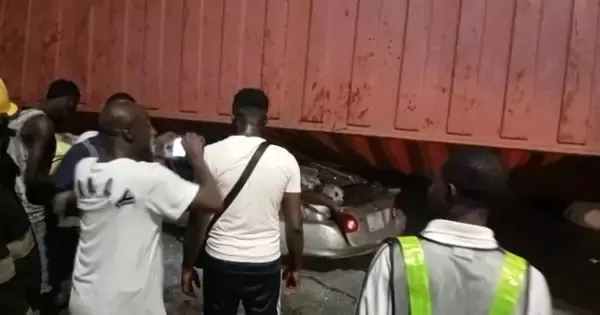Three Rescued In Accident As Truck Crushes Car At Ojuelegba