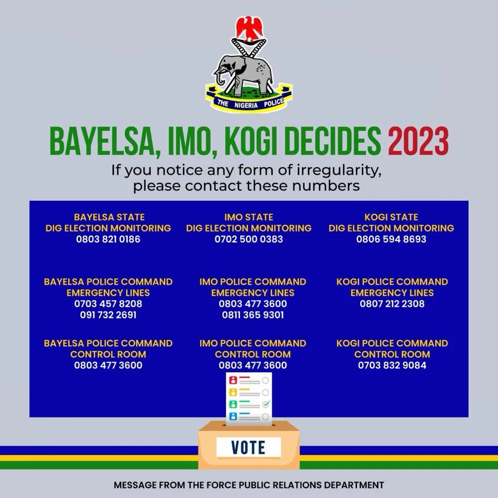 Off-Cycle Election: Police Reel Out Emergency Numbers For Imo, Kogi, Bayelsa Polls