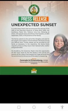 Akwa Ibom Govt Announce Demise Of First Lady Patience Umo Eno