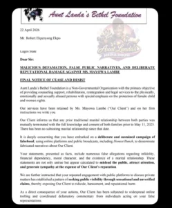 Mayowa Lambe Gives Roby Ekpo 48 Hours To Retract Claims, Pay ₦100m Damages